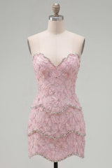 Dressystars Pink Floral Strapless Tight Short Homecoming Dress with Pearl Details
