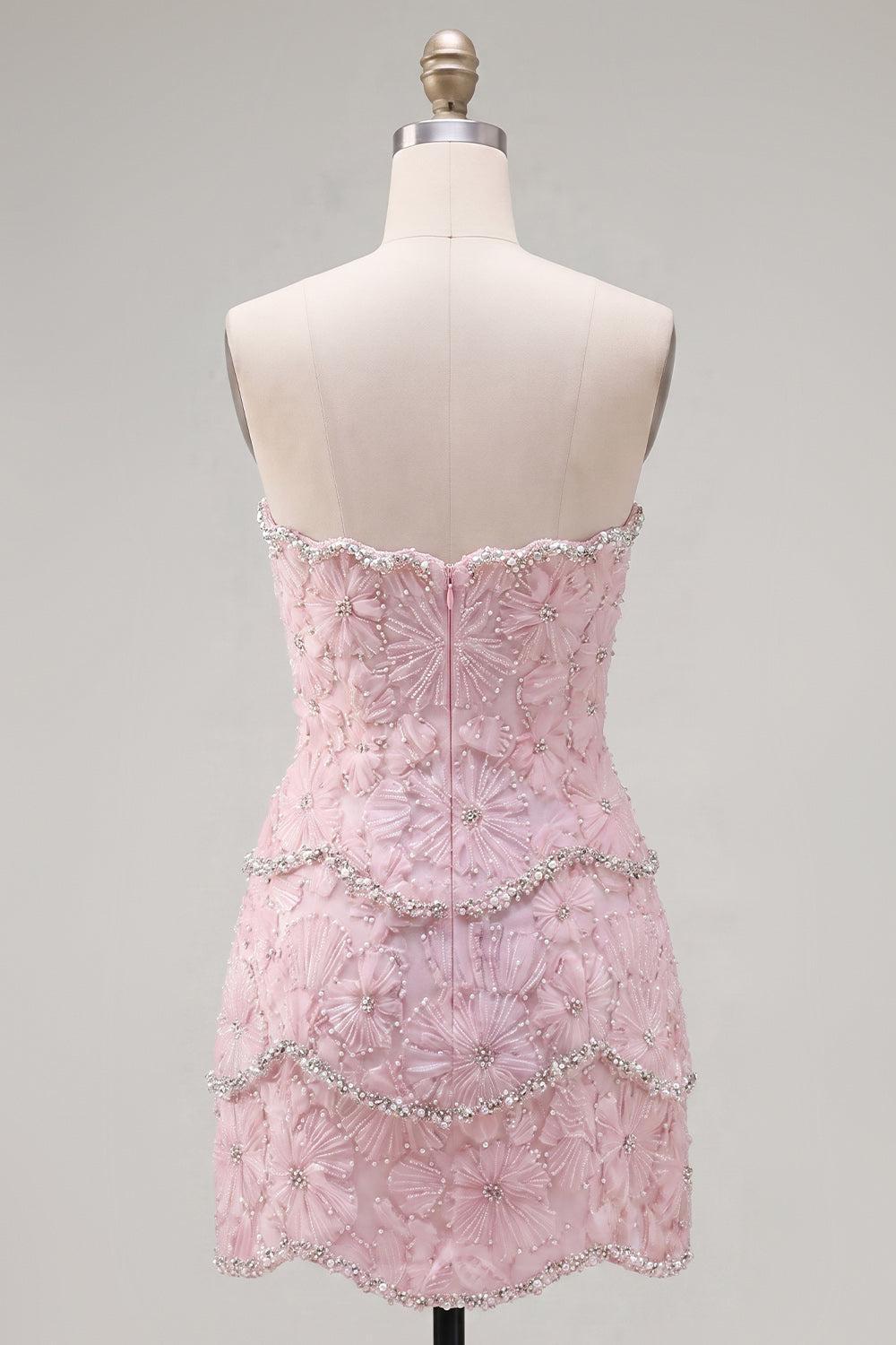 Dressystars Pink Floral Strapless Tight Short Homecoming Dress with Pearl Details