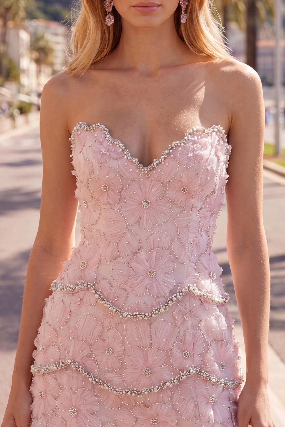 Dressystars Pink Floral Strapless Tight Short Homecoming Dress with Pearl Details