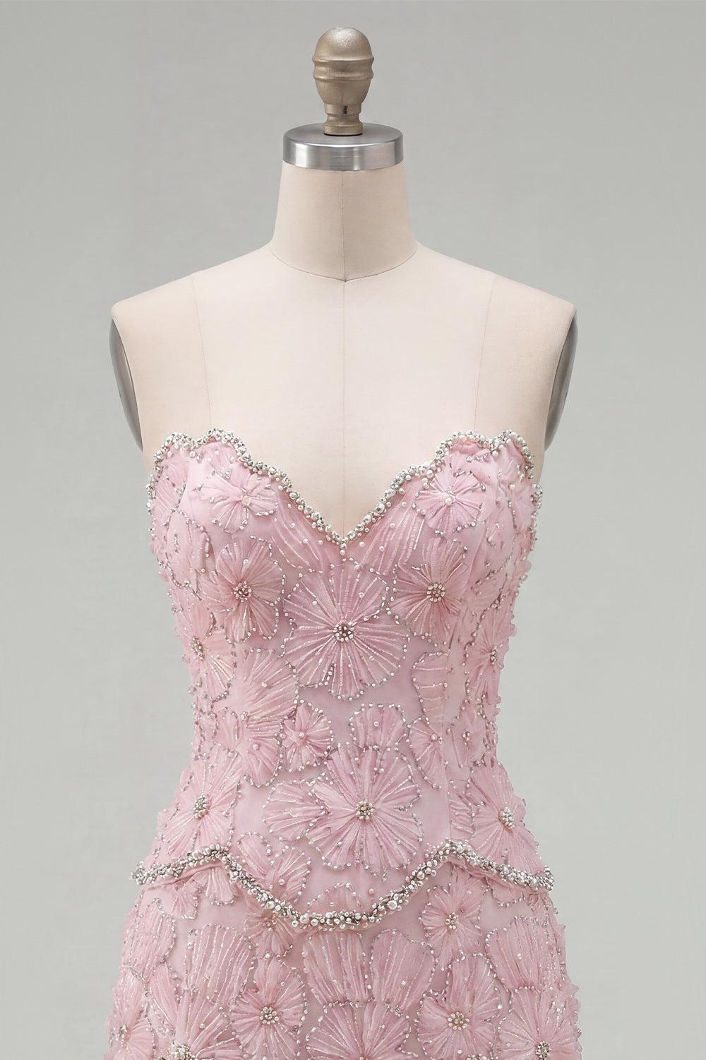 Dressystars Pink Floral Strapless Tight Short Homecoming Dress with Pearl Details