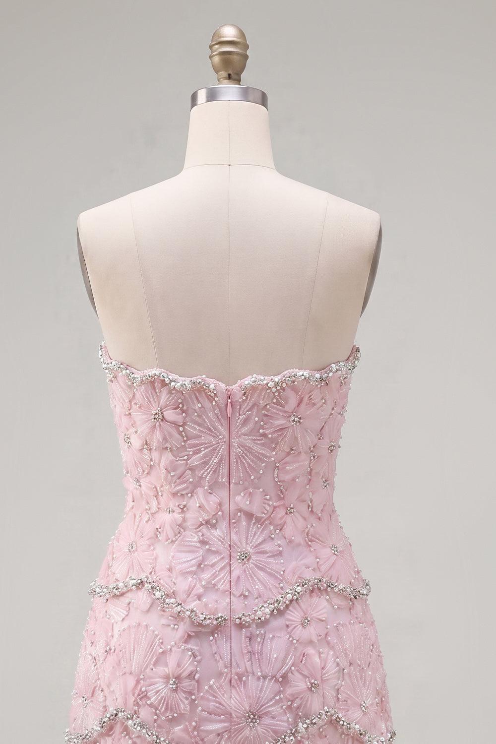 Dressystars Pink Floral Strapless Tight Short Homecoming Dress with Pearl Details