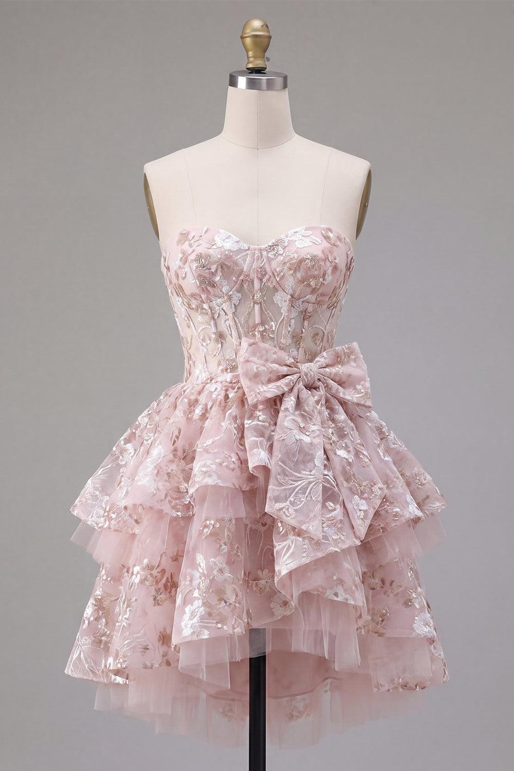 Dressystars Pink Floral Sweetheart Ruffled A-Line Corset Short Homecoming Dress with Bow