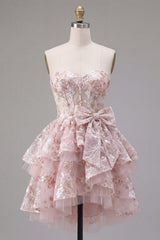 Dressystars Pink Floral Sweetheart Ruffled A-Line Corset Short Homecoming Dress with Bow