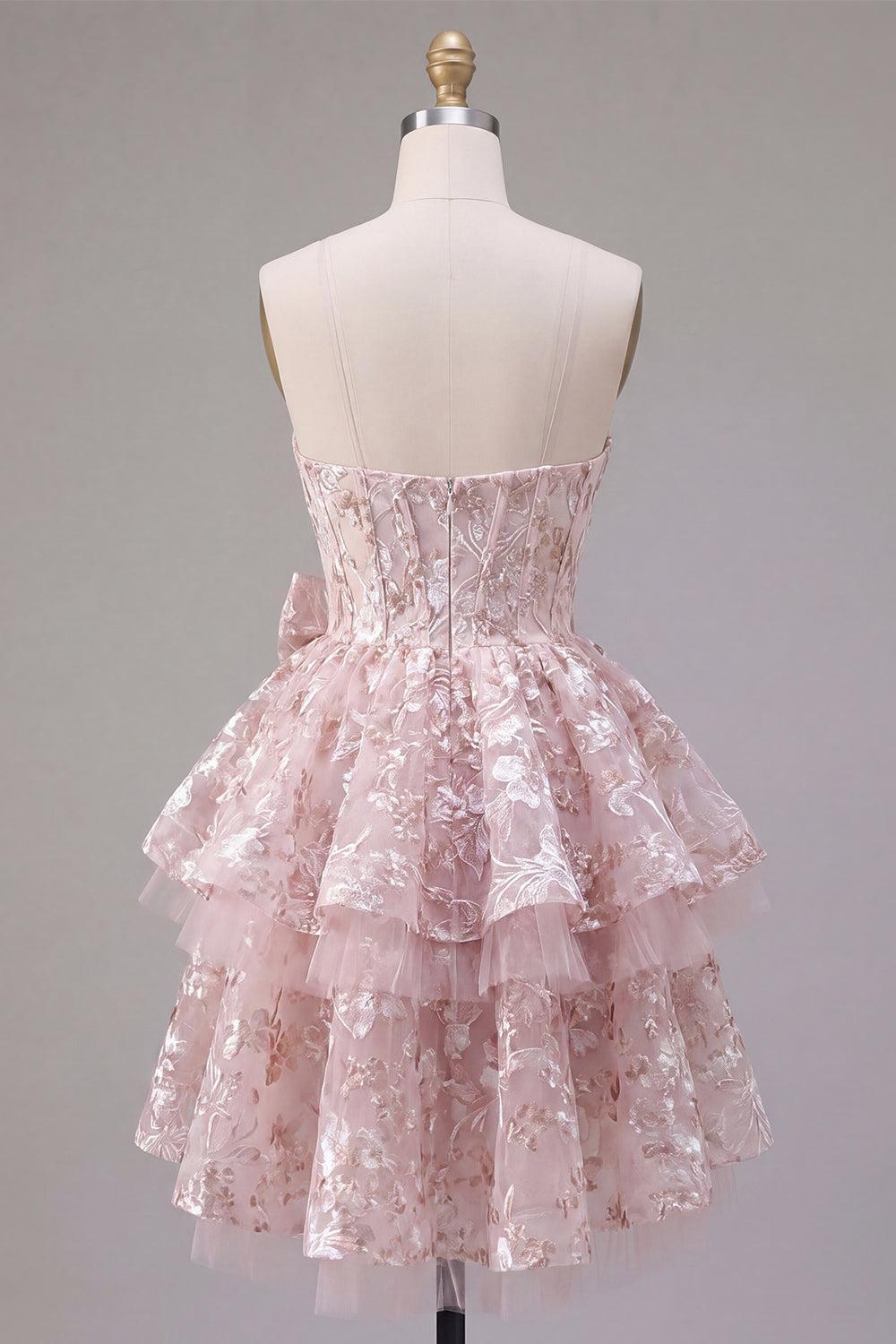 Dressystars Pink Floral Sweetheart Ruffled A-Line Corset Short Homecoming Dress with Bow
