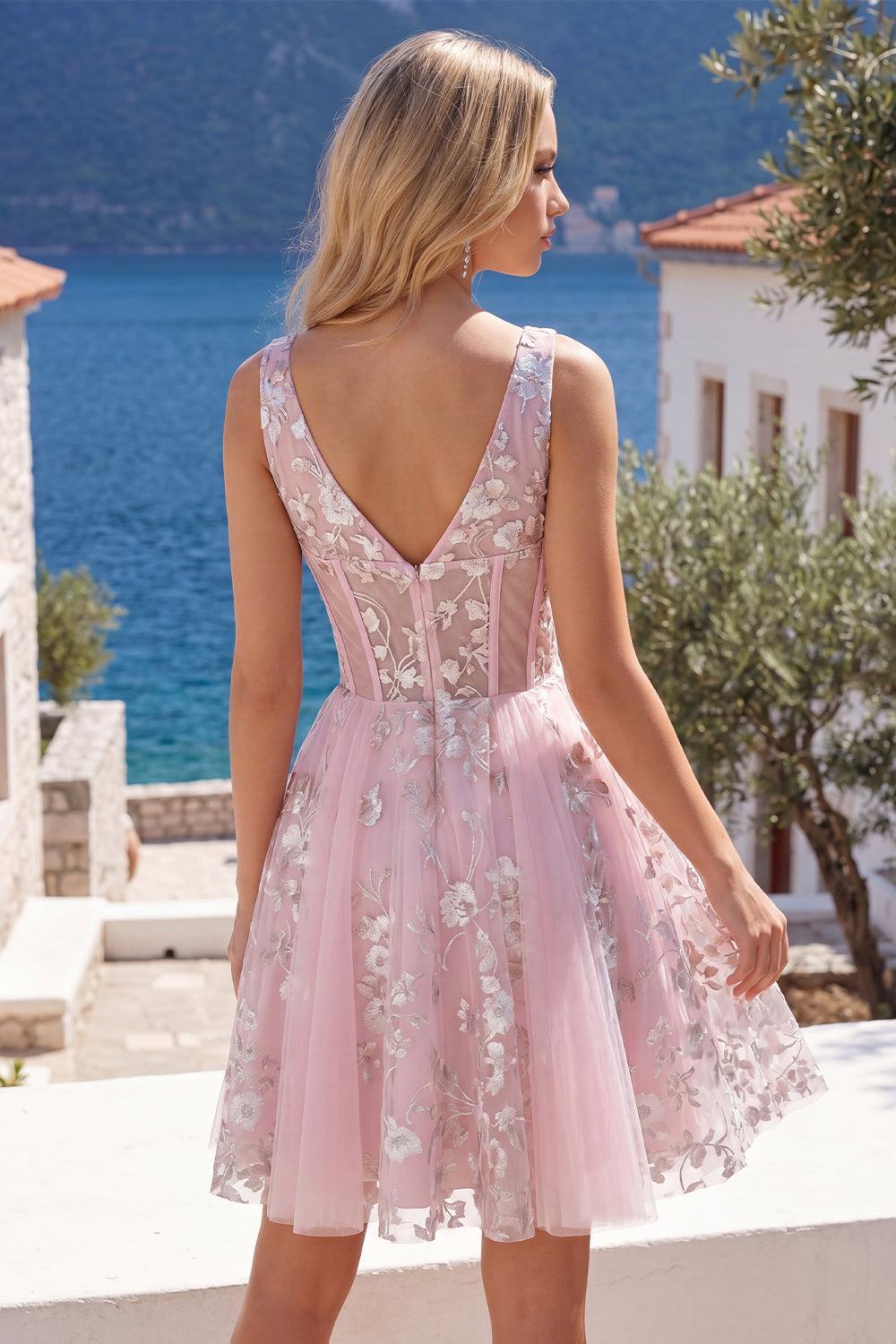 Dressystars Pink Floral V-Neck A-Line Corset Short Homecoming Dress