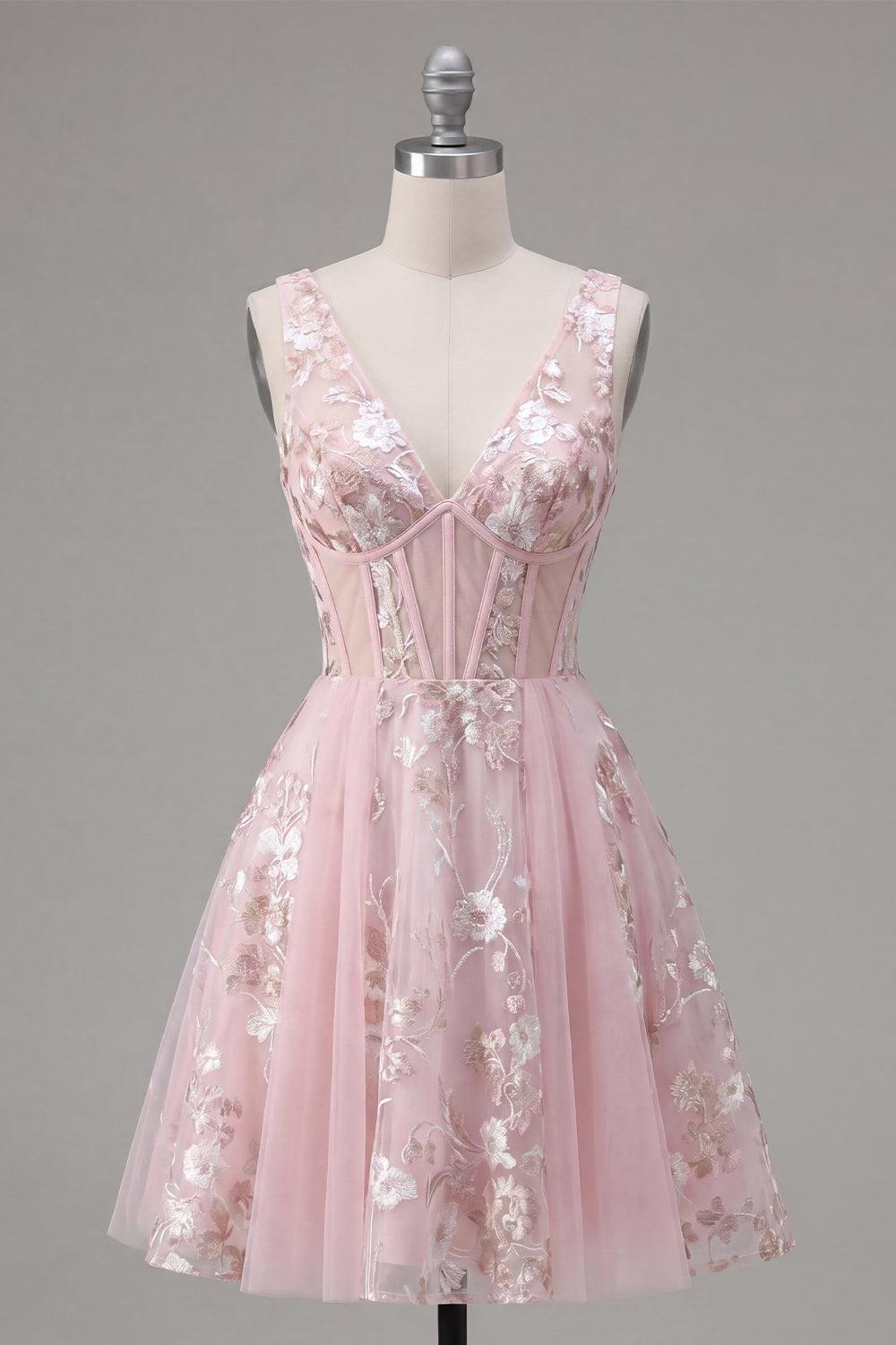 Dressystars Pink Floral V-Neck A-Line Corset Short Homecoming Dress