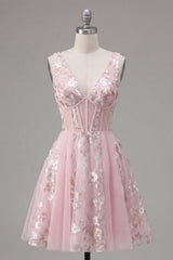 Dressystars Pink Floral V-Neck A-Line Corset Short Homecoming Dress