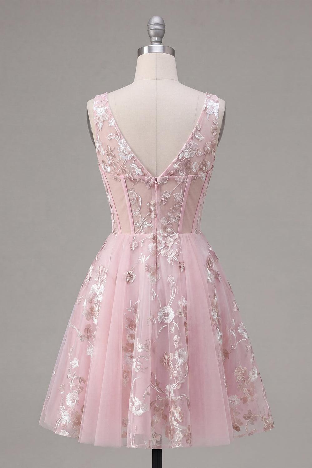 Dressystars Pink Floral V-Neck A-Line Corset Short Homecoming Dress