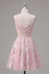 Dressystars Pink Floral V-Neck A-Line Corset Short Homecoming Dress