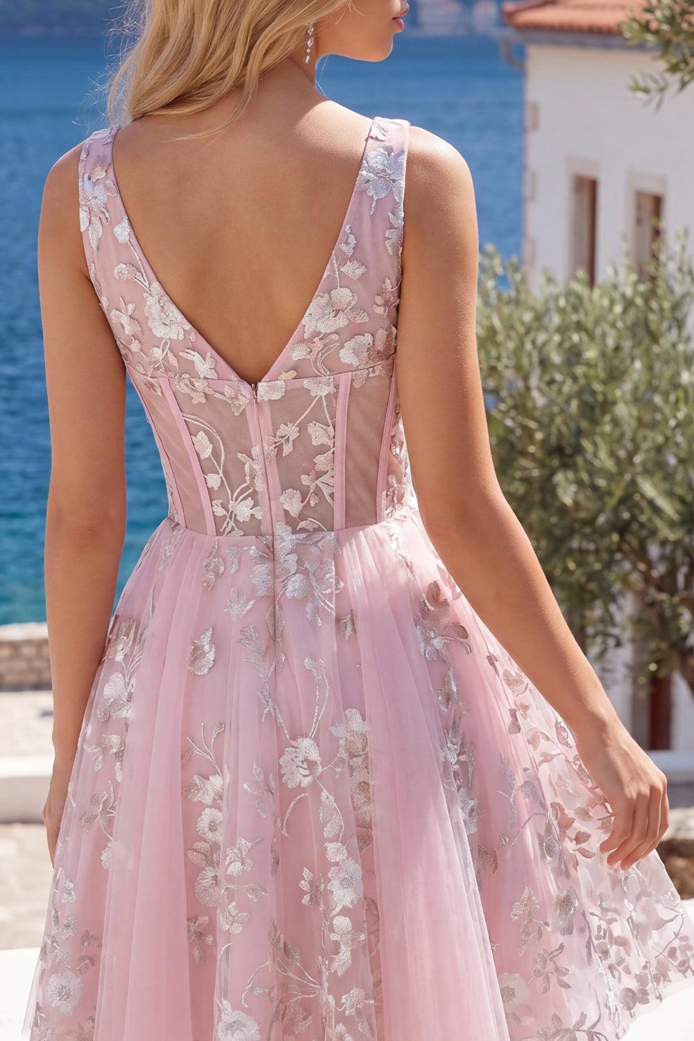 Dressystars Pink Floral V-Neck A-Line Corset Short Homecoming Dress
