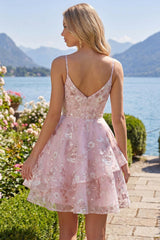 Dressystars Pink Floral V-Neck A-Line Ruffled Short Corset Homecoming Dress
