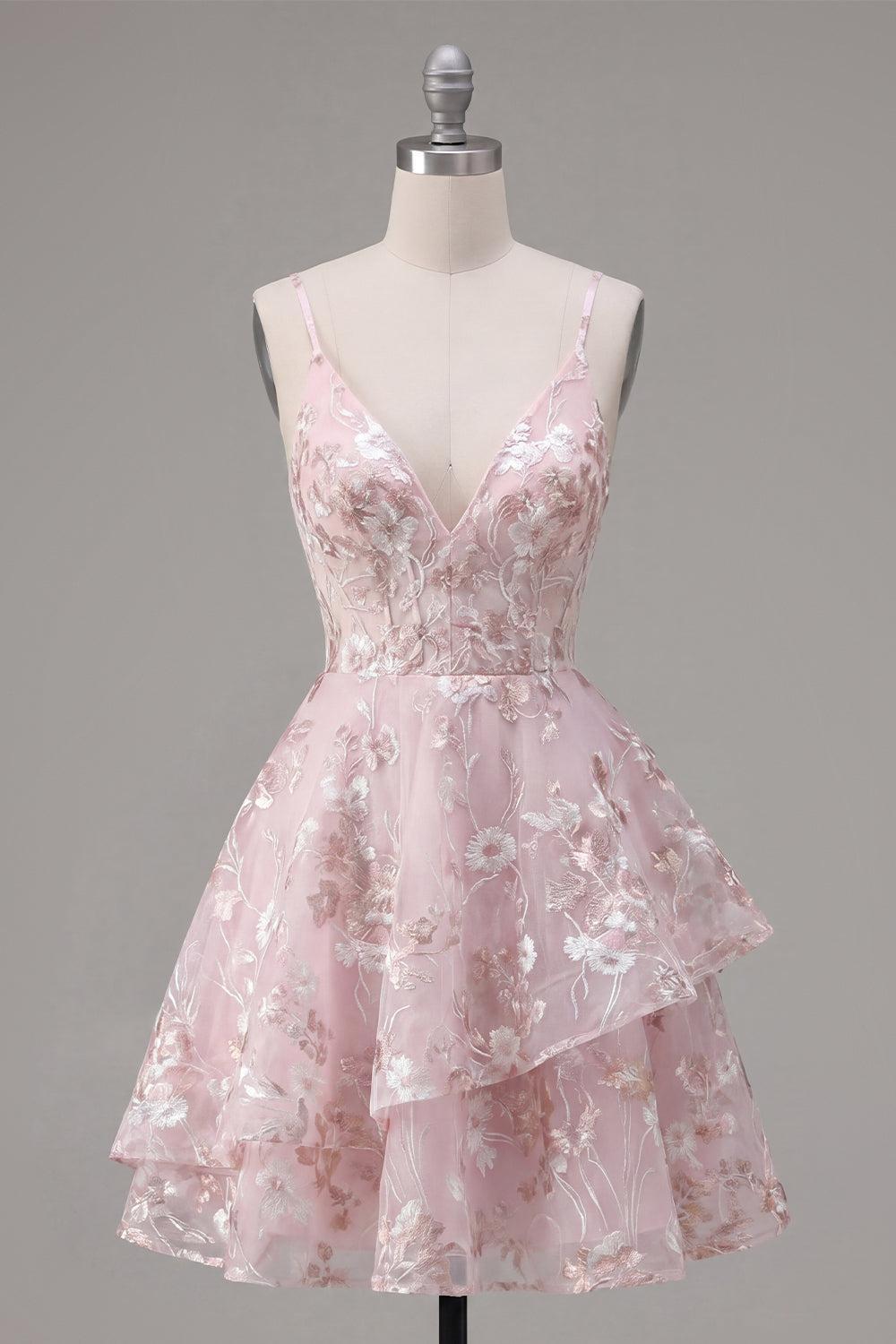 Dressystars Pink Floral V-Neck A-Line Ruffled Short Corset Homecoming Dress