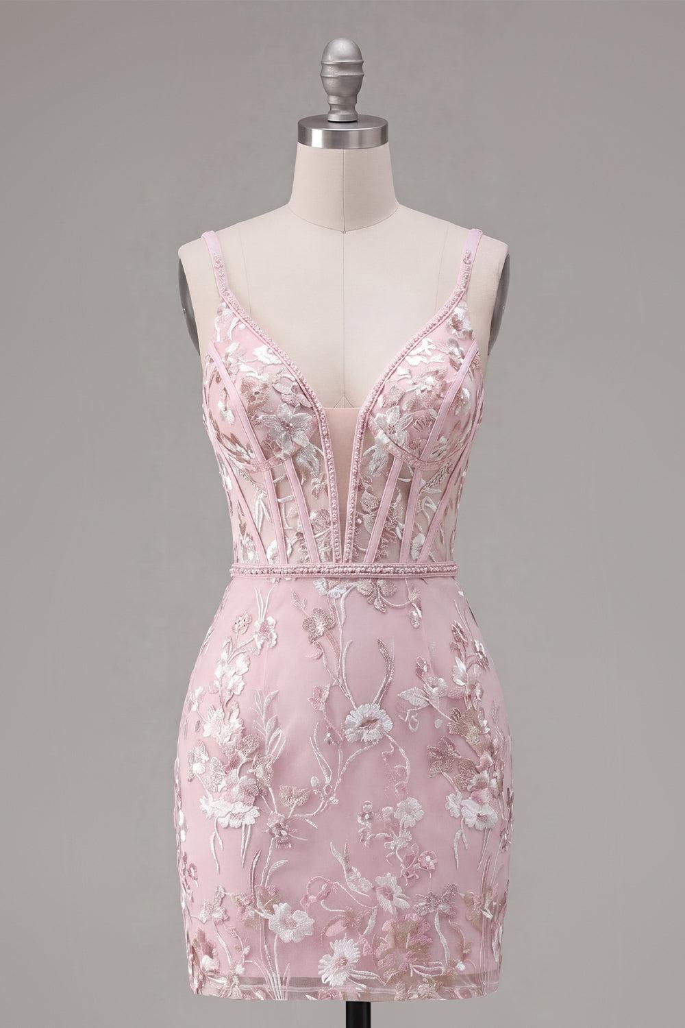 Dressystars Pink Floral V-Neck Beaded Tight Short Corset Homecoming Dress
