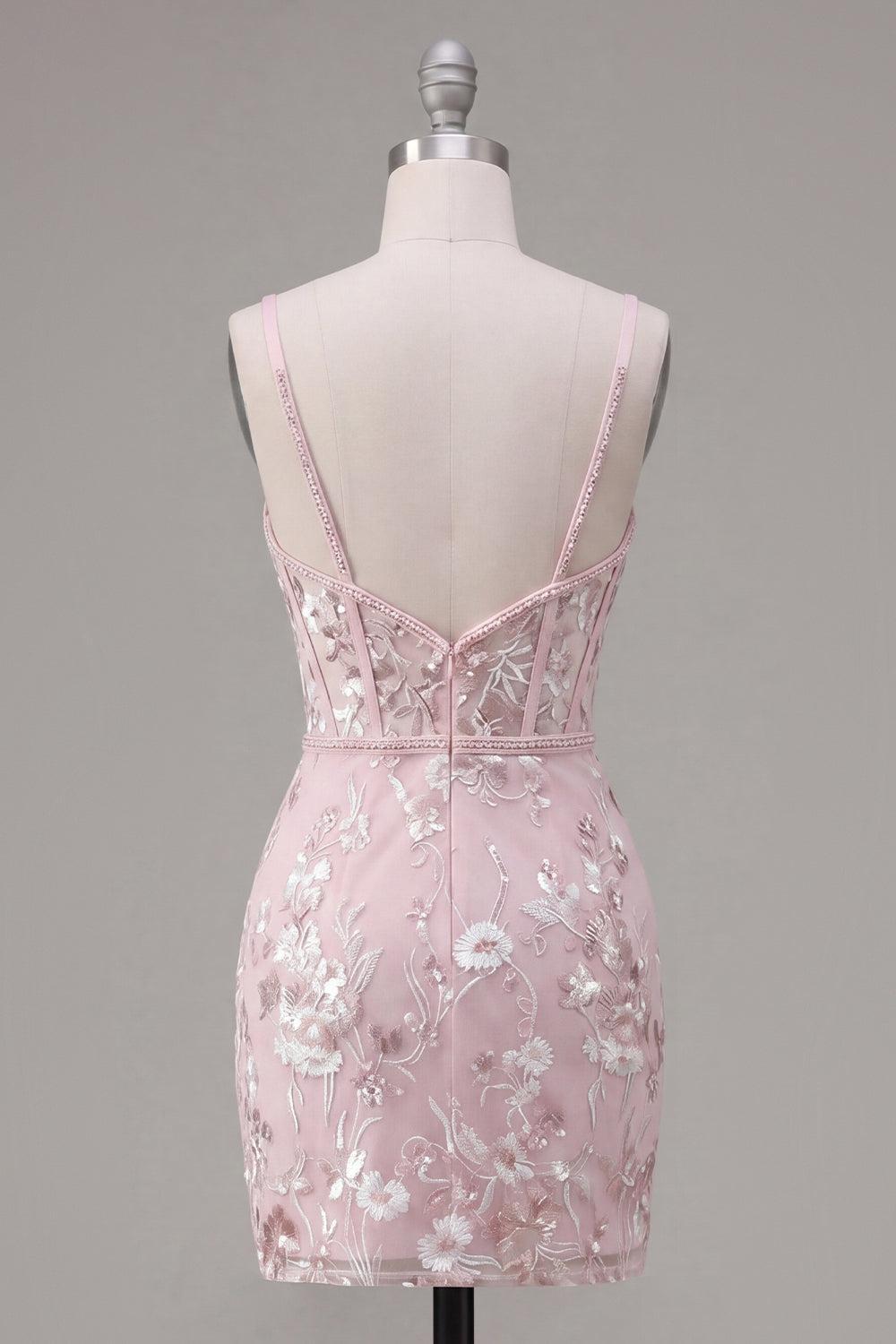 Dressystars Pink Floral V-Neck Beaded Tight Short Corset Homecoming Dress