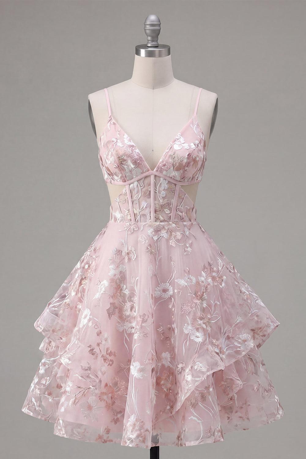 Dressystars Pink Floral V-Neck Cut-Out Ruffled A-Line Corset Short Homecoming Dress