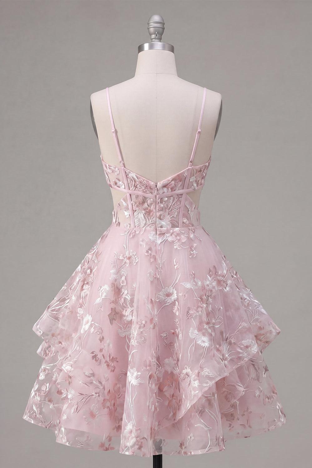 Dressystars Pink Floral V-Neck Cut-Out Ruffled A-Line Corset Short Homecoming Dress