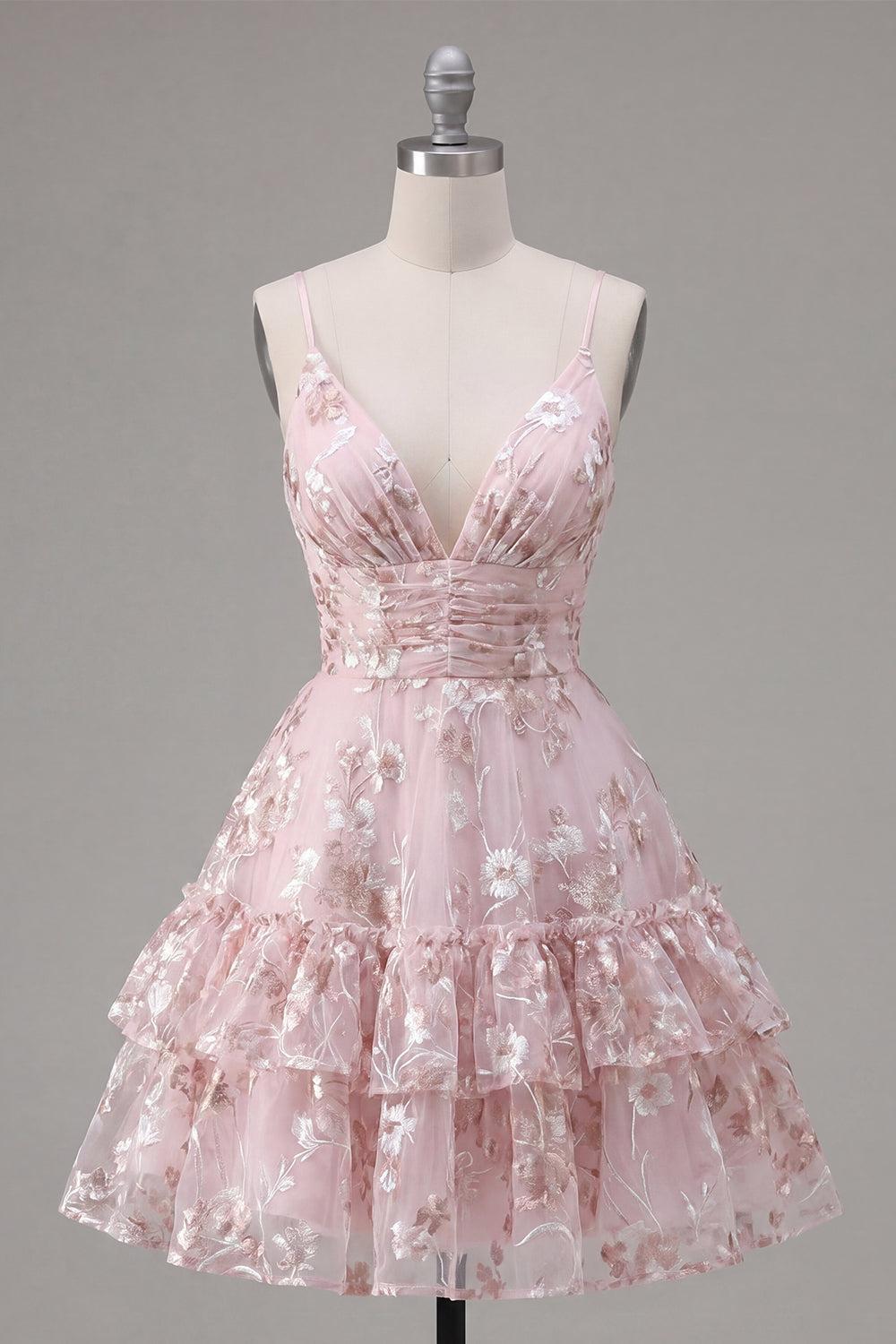 Dressystars Pink Floral V-Neck Ruched Tiered Ruffled A-Line Short Homecoming Dress