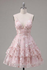 Dressystars Pink Floral V-Neck Ruched Tiered Ruffled A-Line Short Homecoming Dress