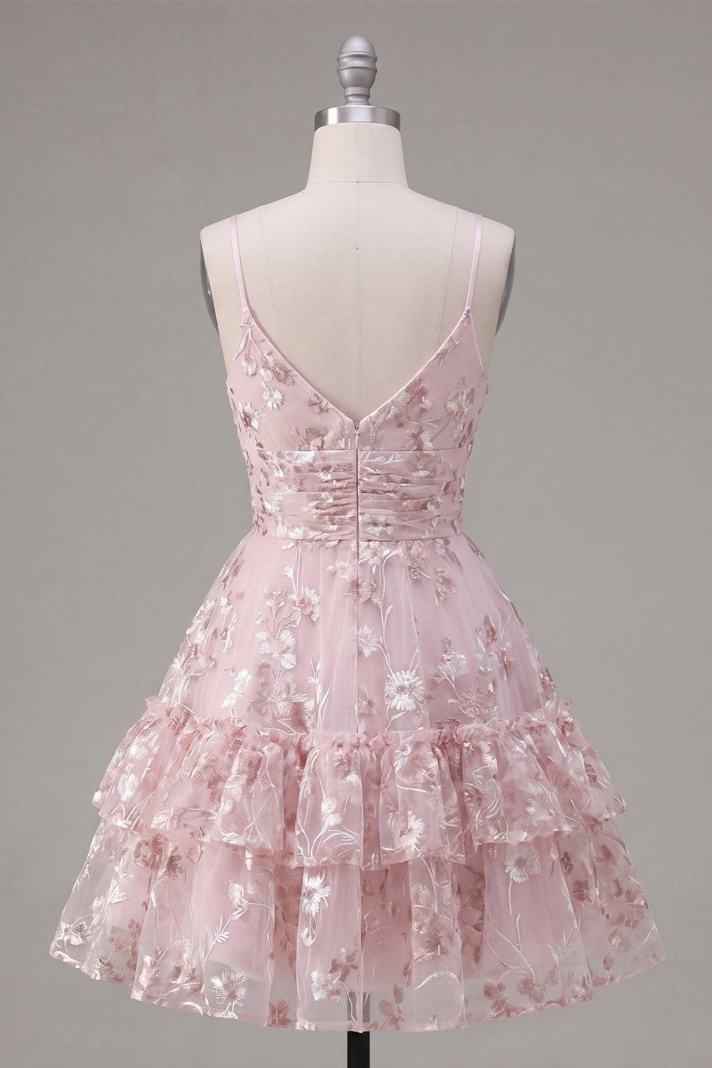 Dressystars Pink Floral V-Neck Ruched Tiered Ruffled A-Line Short Homecoming Dress