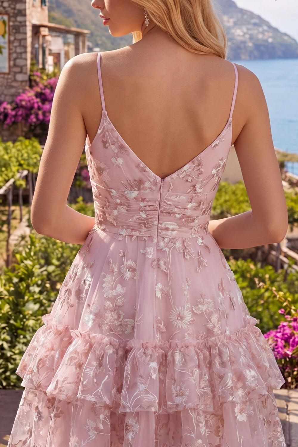 Dressystars Pink Floral V-Neck Ruched Tiered Ruffled A-Line Short Homecoming Dress