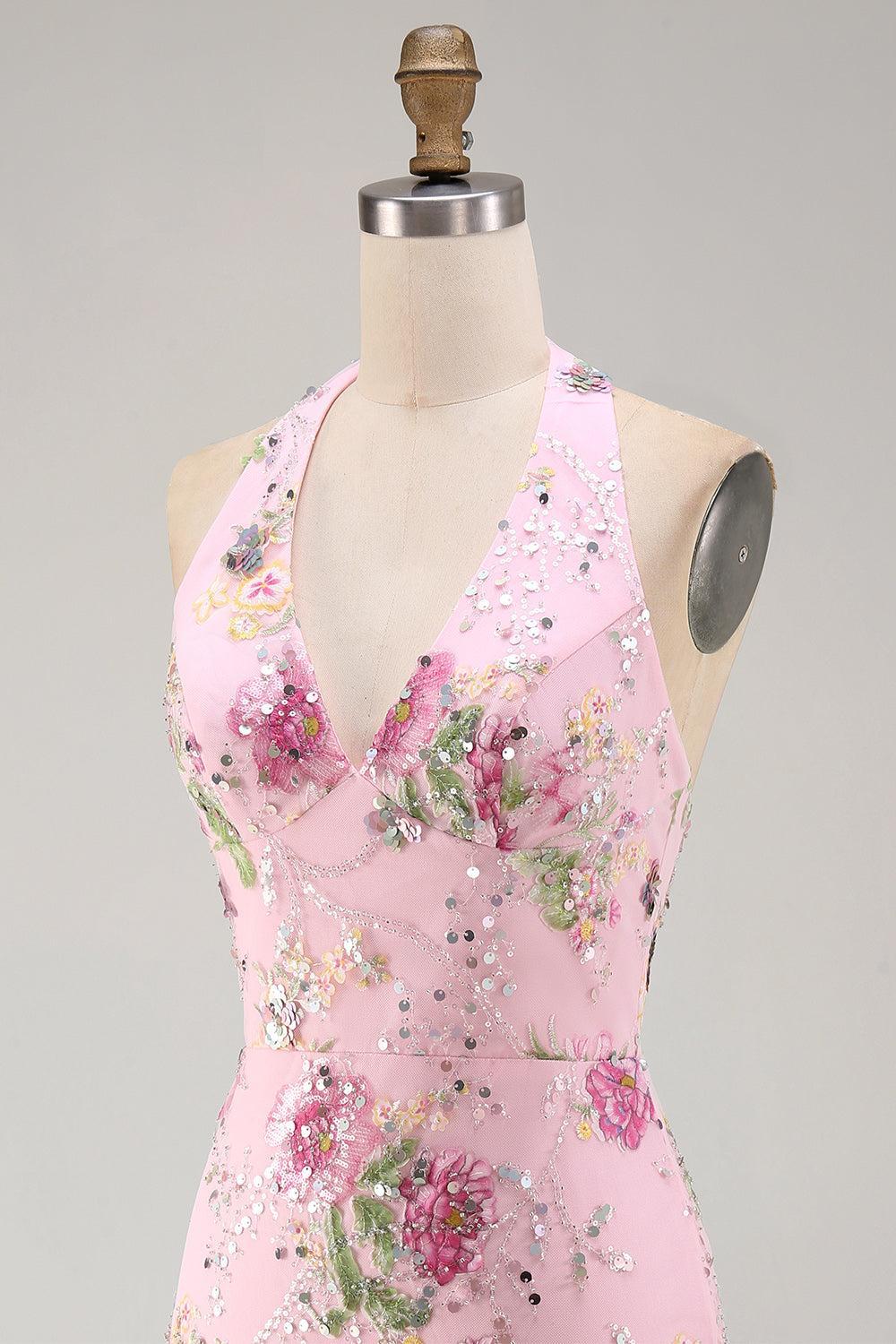 Dressystars Pink Halter Floral Beaded Backless Tight Short Homecoming Dress