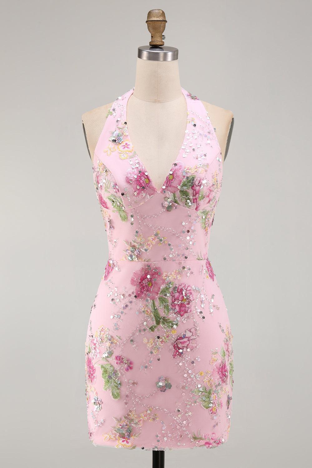 Dressystars Pink Halter Floral Beaded Backless Tight Short Homecoming Dress