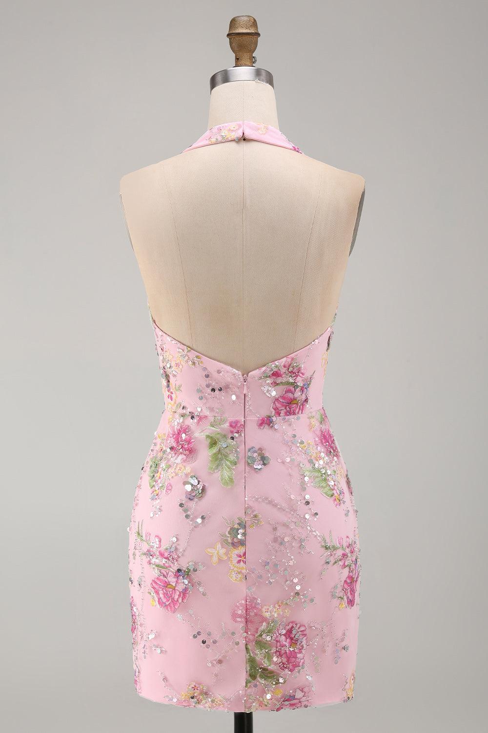 Dressystars Pink Halter Floral Beaded Backless Tight Short Homecoming Dress