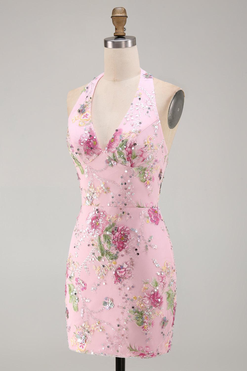 Dressystars Pink Halter Floral Beaded Backless Tight Short Homecoming Dress
