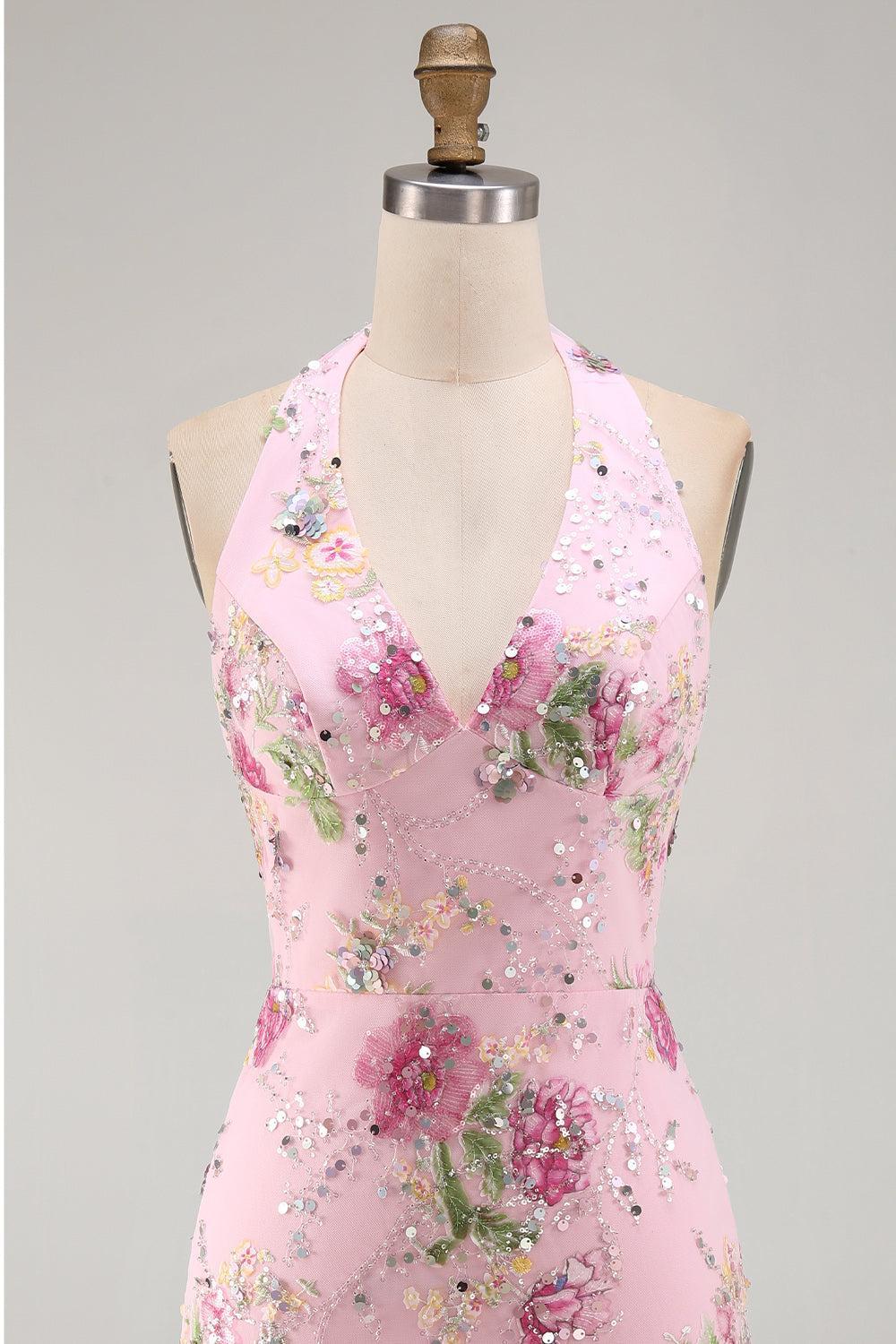 Dressystars Pink Halter Floral Beaded Backless Tight Short Homecoming Dress