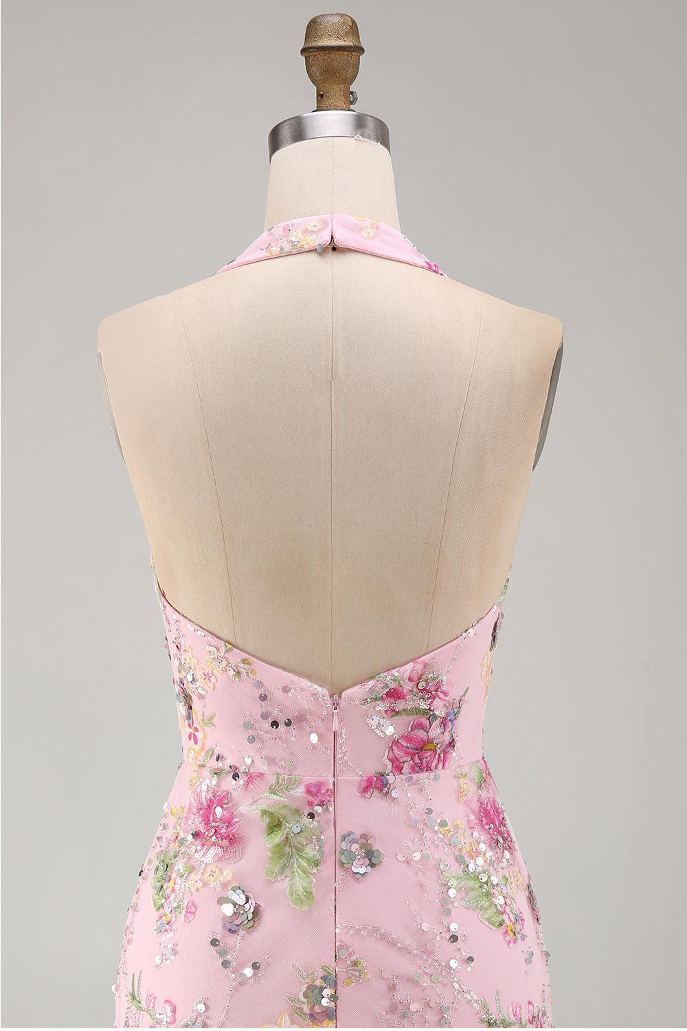 Dressystars Pink Halter Floral Beaded Backless Tight Short Homecoming Dress