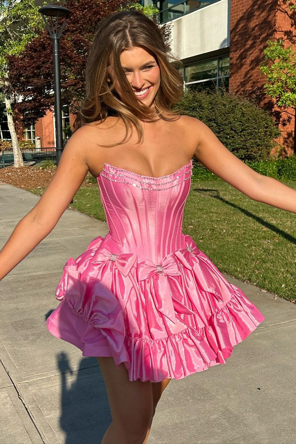 Dressystars Pink Homecoming Dress A Line Corset Strapless Short Prom Dress With Bows