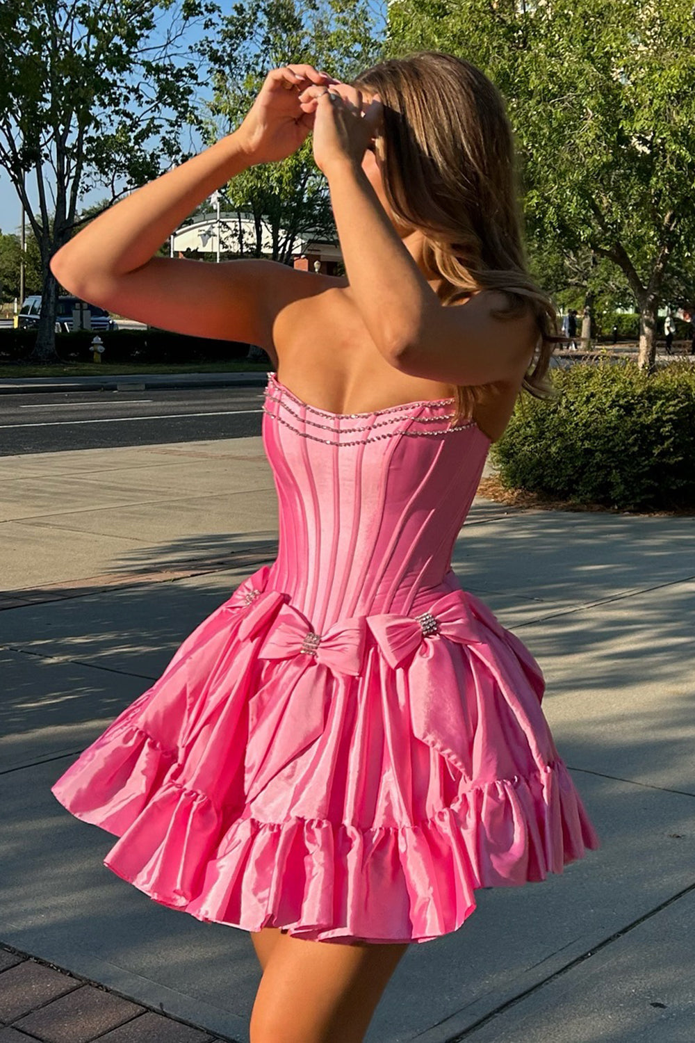 Dressystars Pink Homecoming Dress A Line Corset Strapless Short Prom Dress With Bows