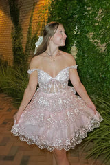 Dressystars Pink Homecoming Dress A-Line Off the Shoulder Tiered Short Prom Dress