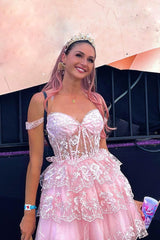 Dressystars Pink Homecoming Dress A-Line Off the Shoulder Tiered Short Prom Dress