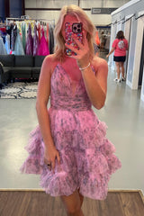 Dressystars Pink Homecoming Dress A Line Ruffled Short Prom Dress