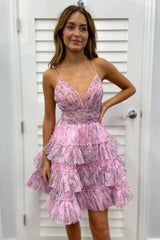 Dressystars Pink Homecoming Dress A Line Ruffled Spaghetti Straps Short Prom Dress