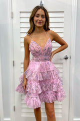 Dressystars Pink Homecoming Dress A Line Ruffled Spaghetti Straps Short Prom Dress