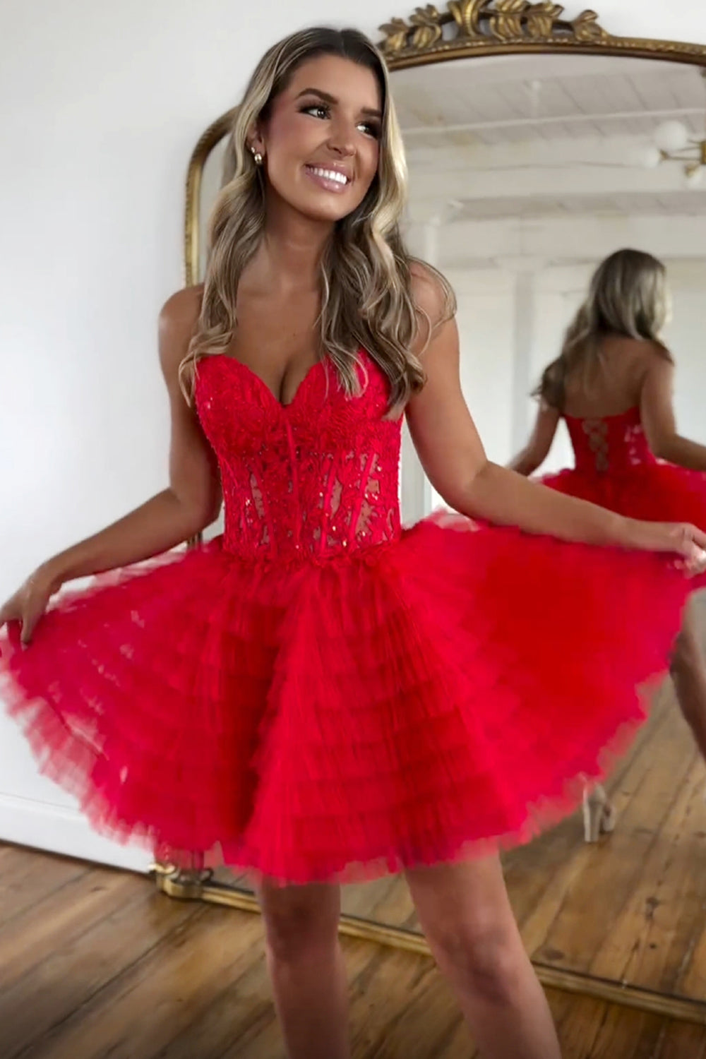 Dressystars Pink Homecoming Dress A Line Strapless Tiered Short Prom Dress With Appliques