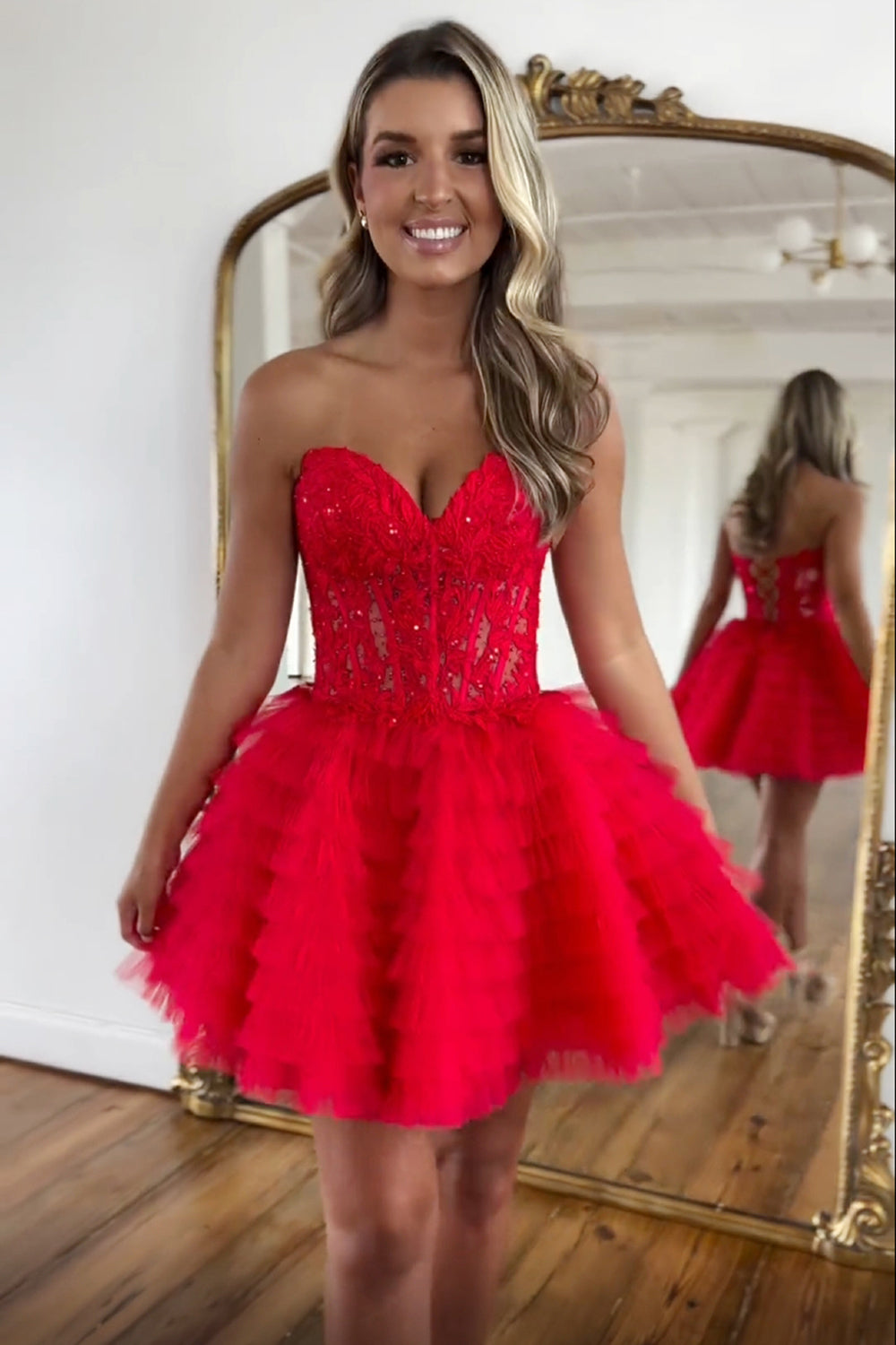 Dressystars Pink Homecoming Dress A Line Strapless Tiered Short Prom Dress With Appliques