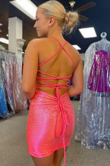 Dressystars Pink Homecoming Dress Beaded Lace-Up Back Tight Short Prom Dress