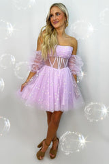 Dressystars Pink Homecoming Dress Corset Detachable Sleeves A-Line Tulle Prom Dress