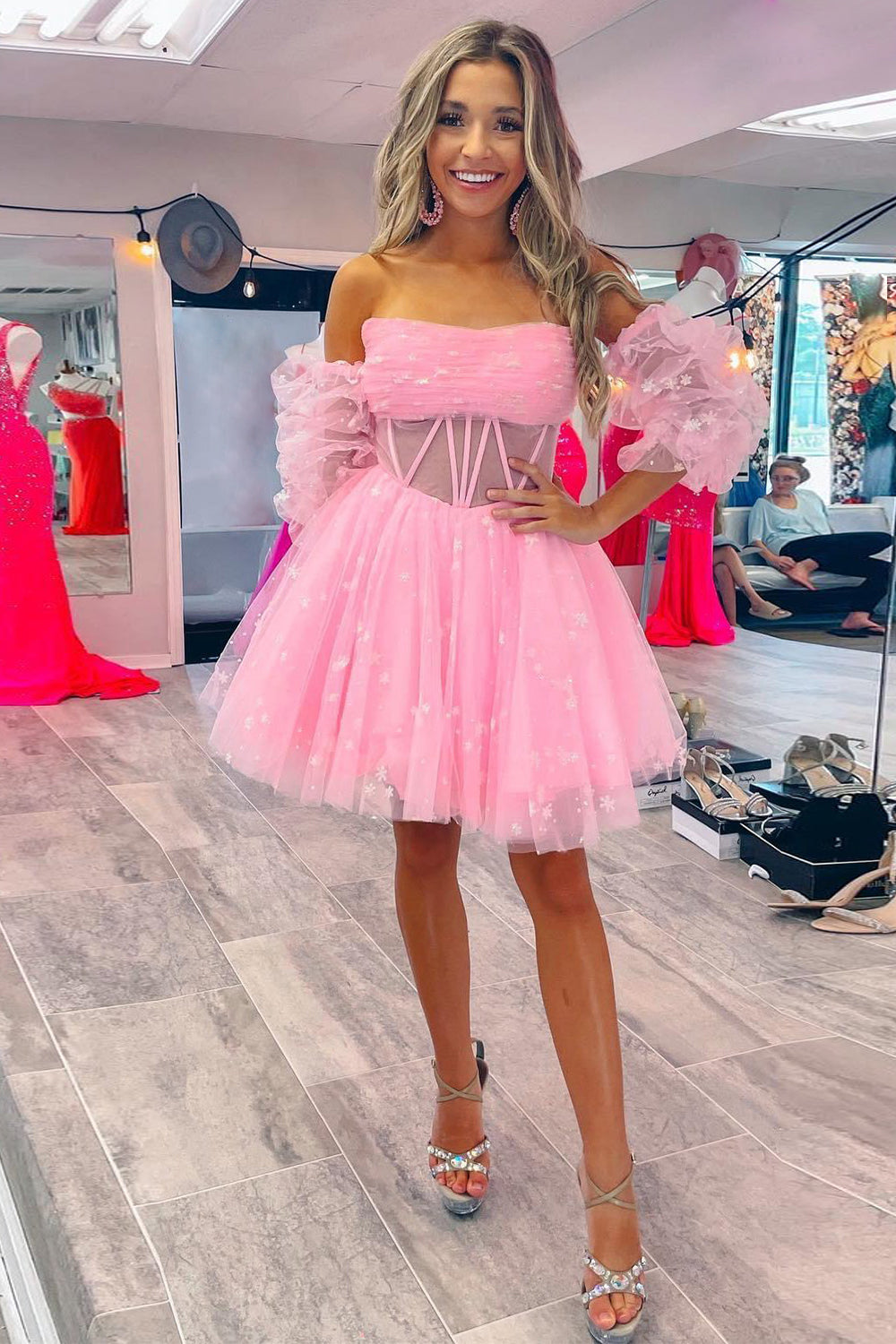 Dressystars Pink Homecoming Dress Corset Detachable Sleeves A-Line Tulle Prom Dress