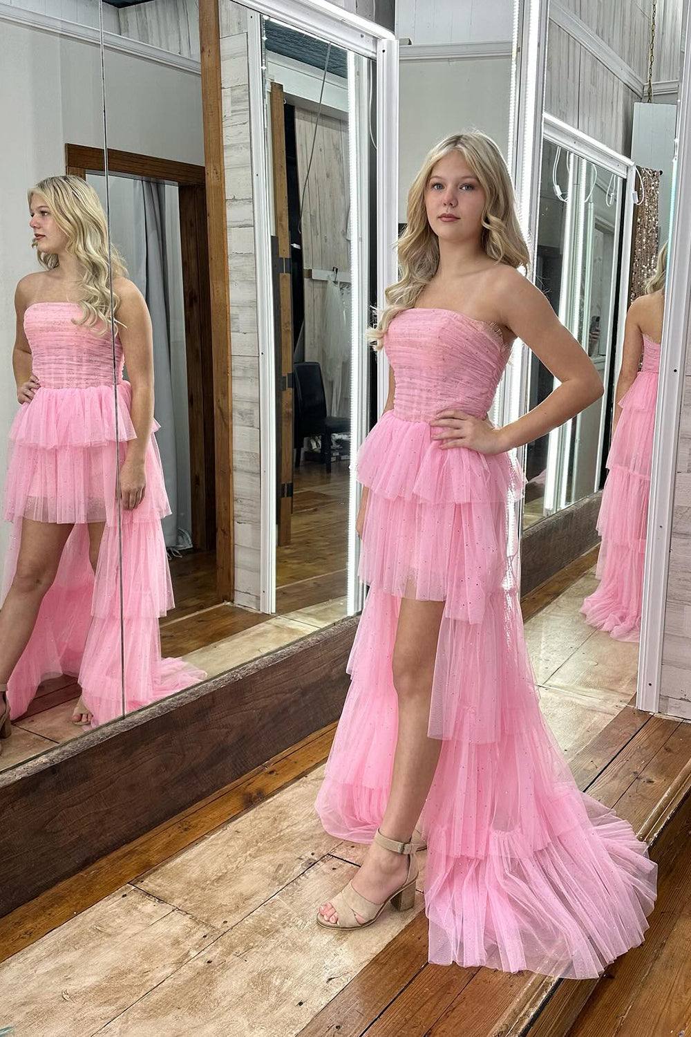 Dressystars Pink Homecoming Dress Corset Strapless A-Line High Low Short Prom Dress with Ruffles