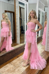 Dressystars Pink Homecoming Dress Corset Strapless A-Line High Low Short Prom Dress with Ruffles