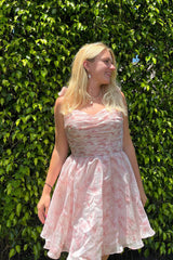 Dressystars Pink Homecoming Dress Floral Print A-Line Short Prom Dress