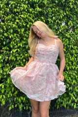 Dressystars Pink Homecoming Dress Floral Print A-Line Short Prom Dress