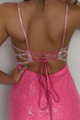 Dressystars Pink Homecoming Dress Lace-Up Back Sequin Tight Short Prom Dress