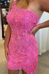 Dressystars Pink Homecoming Dress One Shoulder Lace Tight Short Prom Dress with Beading