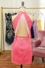 Dressystars Pink Homecoming Dress Open Back Halter Lace Tight Prom Dress