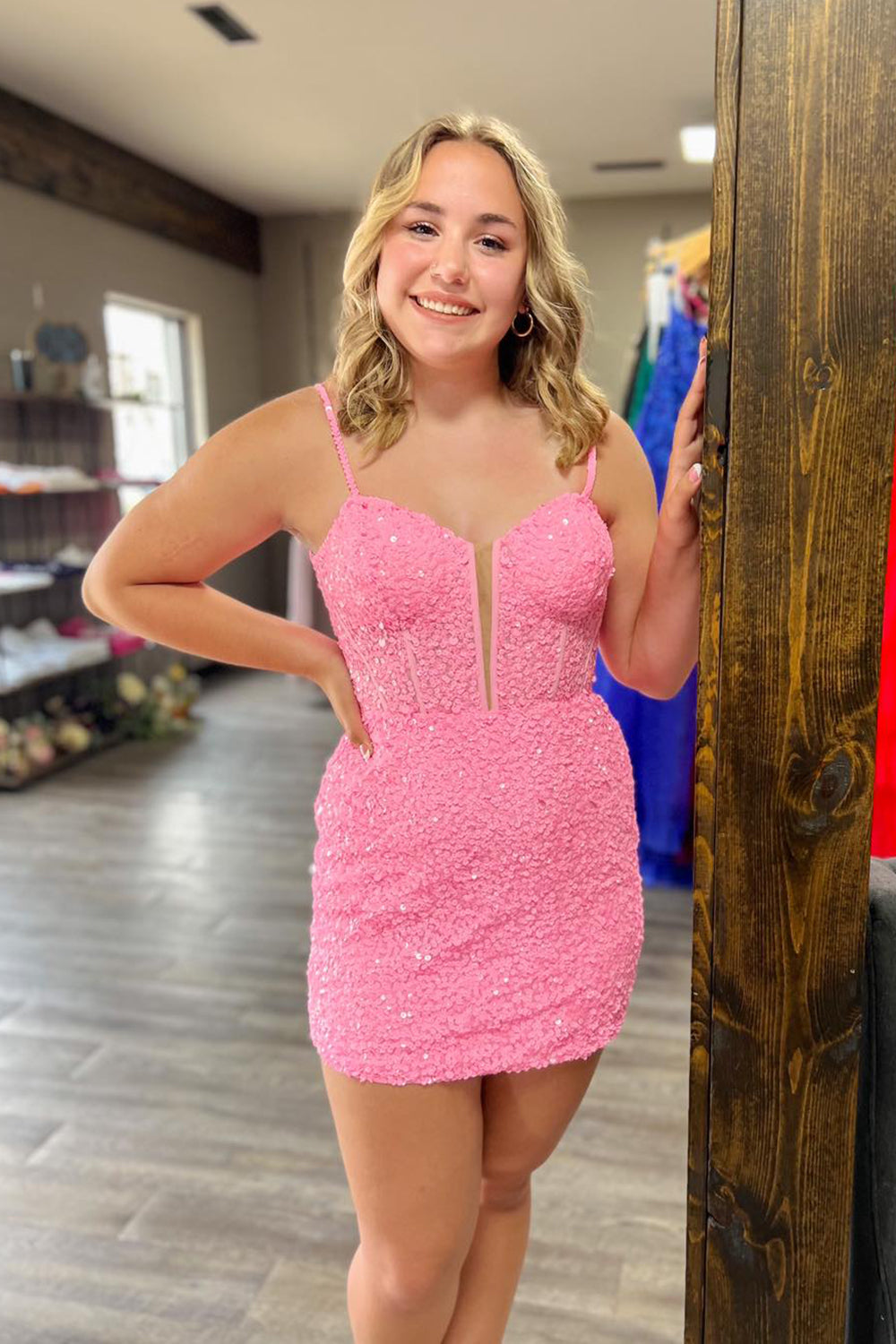 Dressystars Pink Homecoming Dress Sequin Corset Tight Short Prom Dress